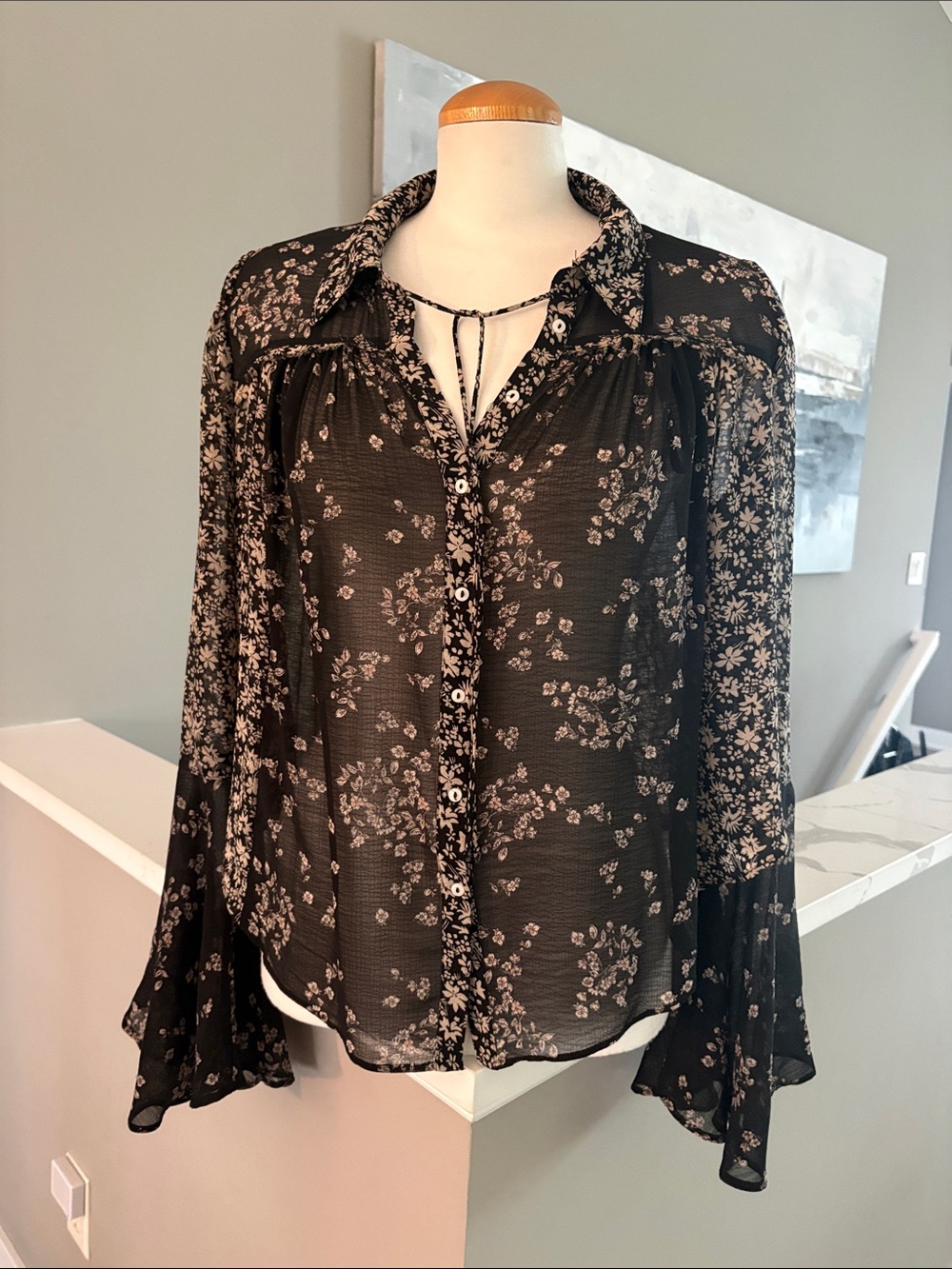 Free People Black Sheer Floral Button-Up Blouse